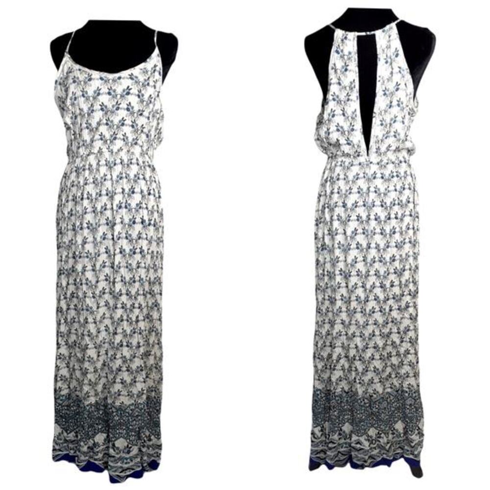 $118 NEW AQUA Floral‎ Maxi Dress MED Boho Romantic Cottagecore Gauze White Blue